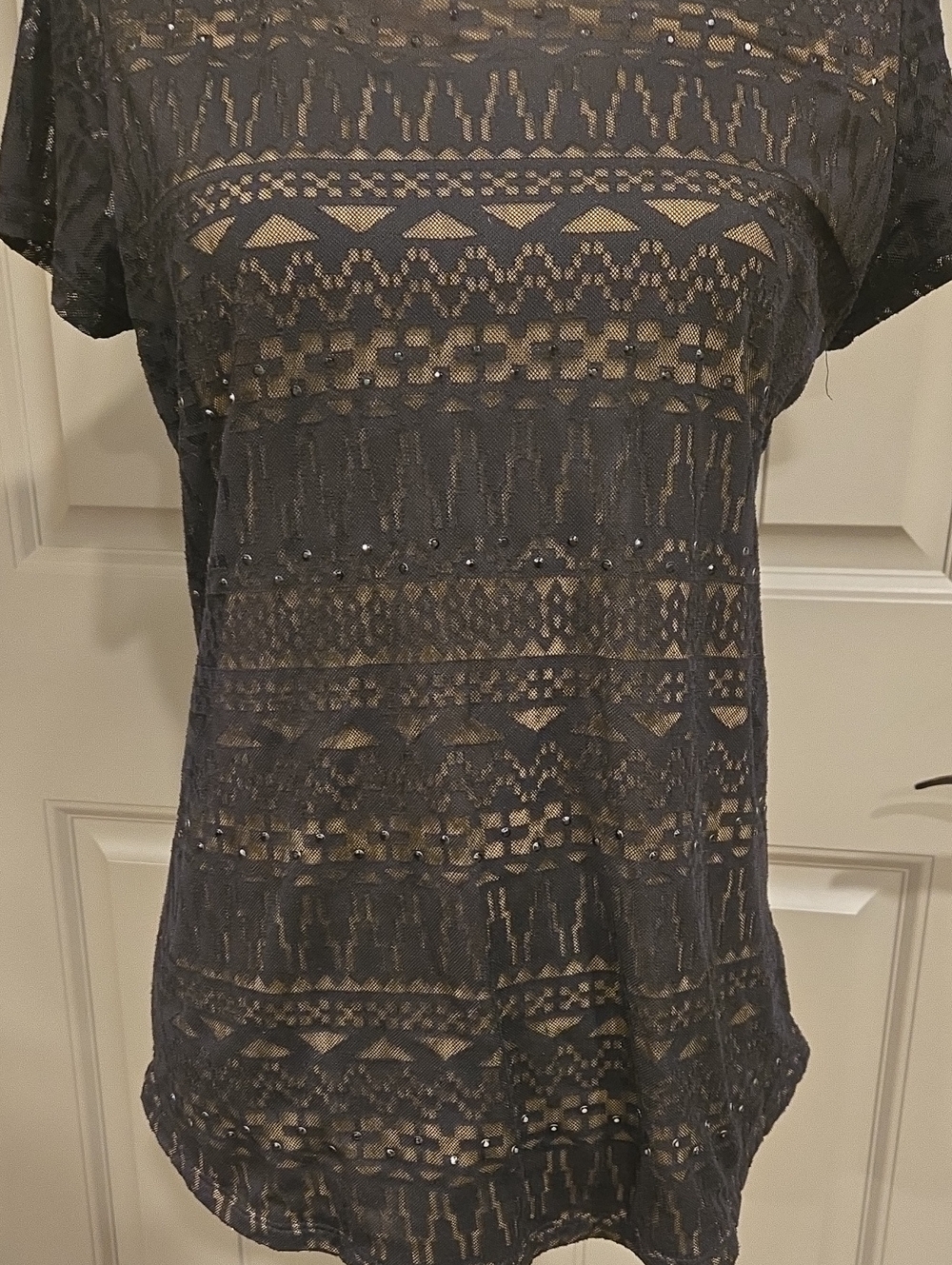 INC International Concepts Black Lace Short Sleeve Tee